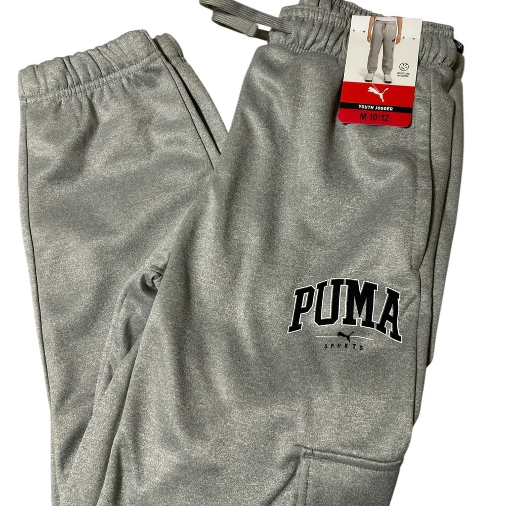 PUMA Youth Joggers Boys Medium 10/12 Heather Grey Athletic Sweatpants NWT